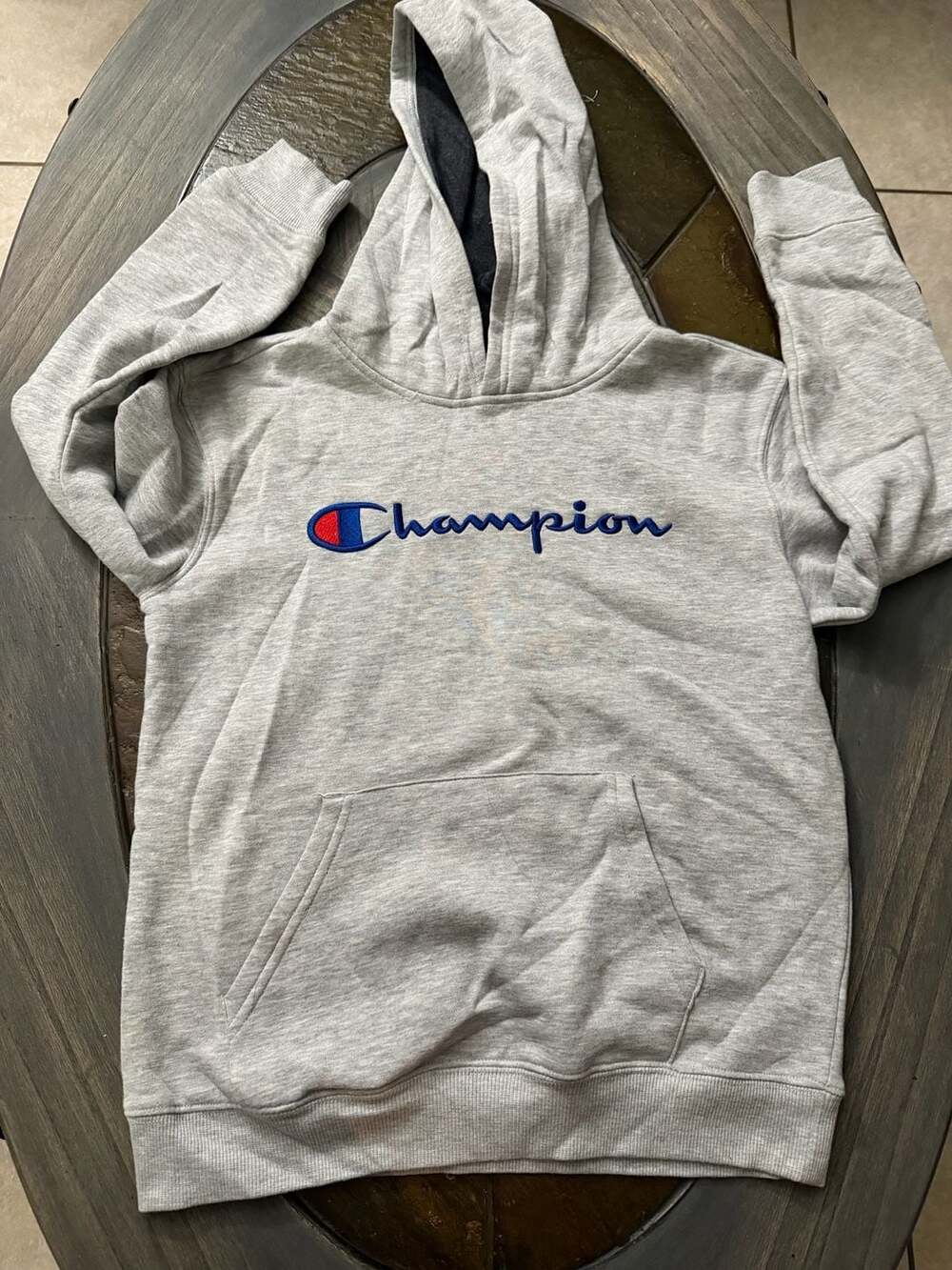 Champion Youth Medium (10/12) Grey Fleece Hoodie with Embroidered Script Logo
